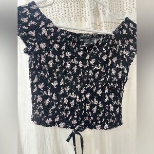 Justify Black Smocked Crop Top with Pink Floral Print